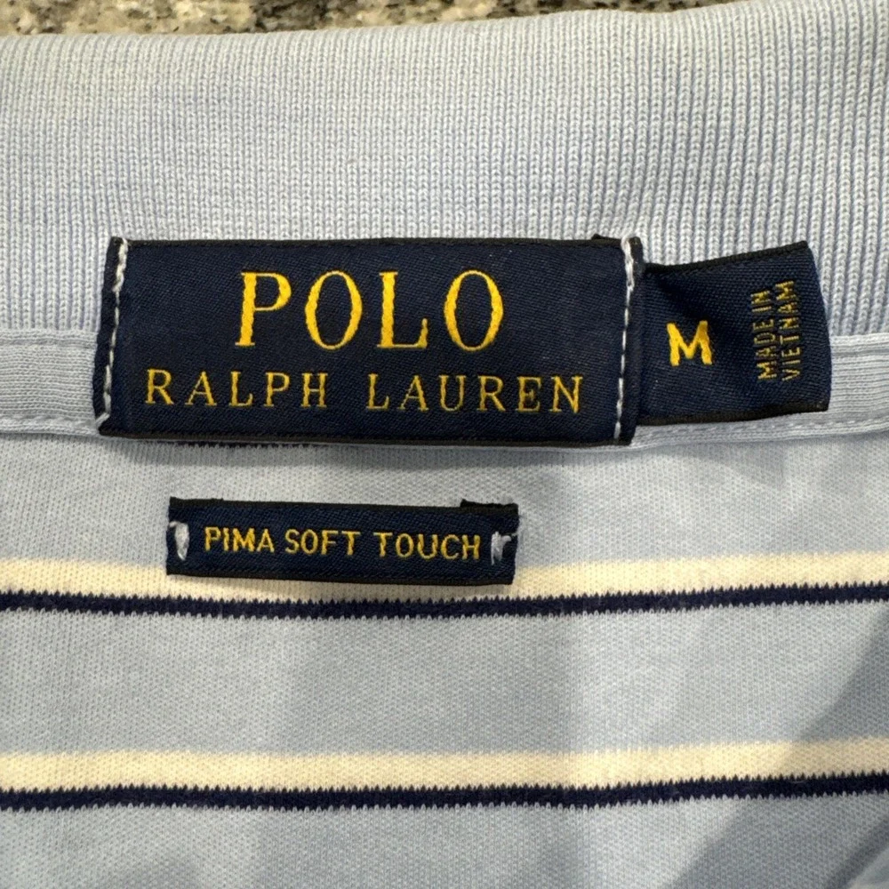 POLO Ralph Lauren Pima Soft Touch Polo Shirt Mens Size M Blue White Striped Pony